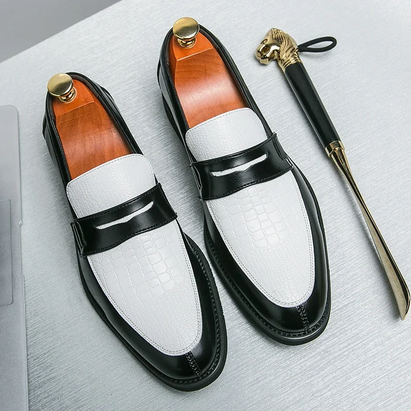 Men Shoes Boss - Męskie czarno-białe mokasyny penny loafers ze