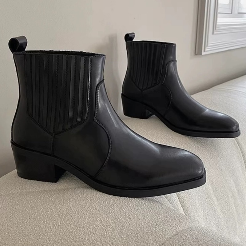 Men'S Shoes Height Increase - Jesienno-zimowe czarne skórzane buty męskie, kowbojki,